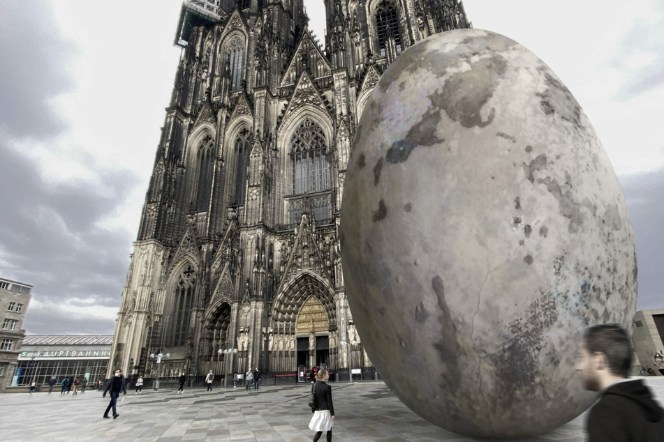 Ein 30 Meter hohes Ei vor dem Kölner Dom soll nach dem Willen der Künstlerin Birgitt E. Morrien an die sexuellen Übergriffe der Silvesternacht 2015/16 erinnern. (Computergrafik)