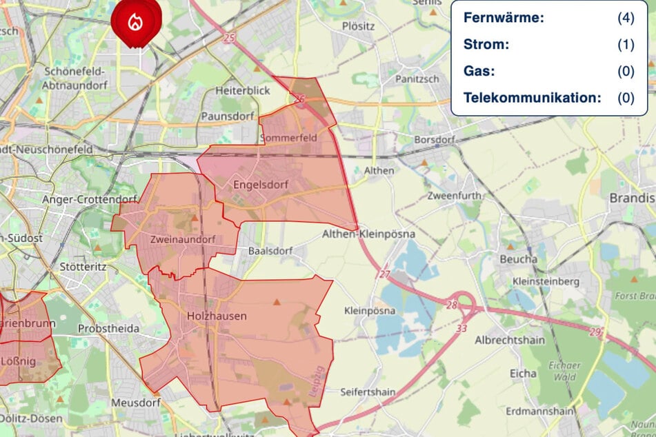 Die Störungskarte der "Netz Leipzig" zeigt, welche Gebiete vom Stromausfall betroffen sind.