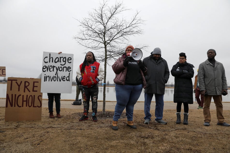 People take part in a protest after the death of Tyre Nichols in Memphis, Tennessee, on January 30, 2023.