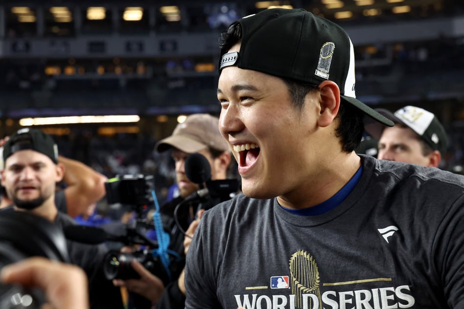 Los Angeles Dodgers designated hitter Shohei Ohtani celebrates after winning the 2024 MLB World Series against the New York Yankees.