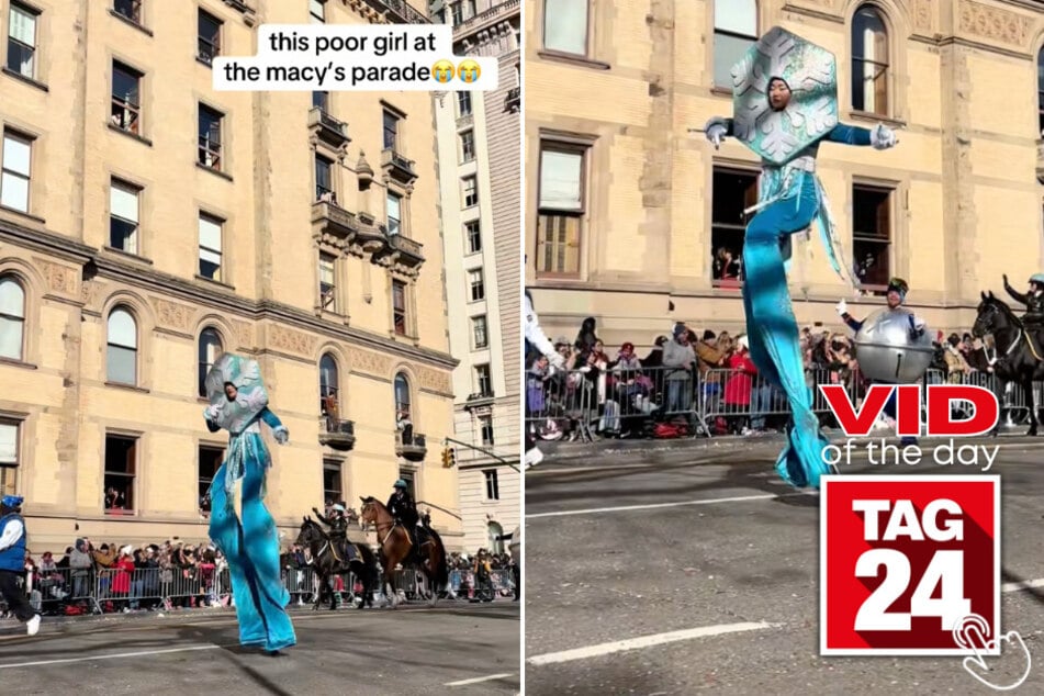 This stilt walker at the Macy's Thanksgiving Day Parade slipped, hit the ground, then got right back up!