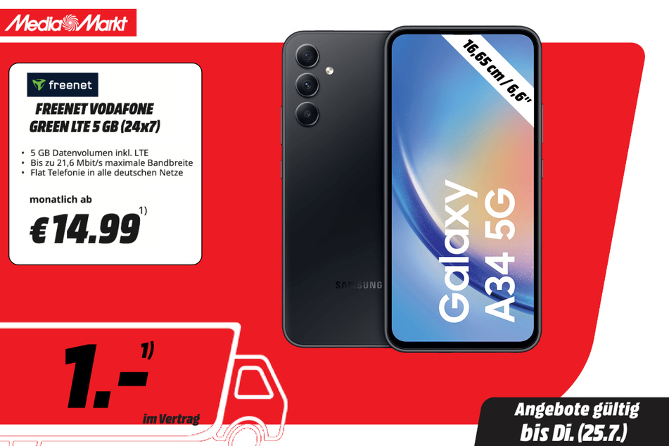 Samsung Galaxy A34 für 1 Euro im Vertrag.