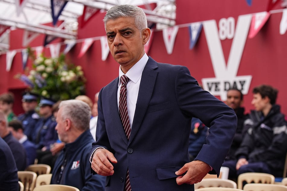 Mayor of London Sadiq Khan arrives to take his seat ahead of a military procession in central London on May 5, 2025 to celebrate the 80th anniversary of VE Day, also known as Victory in Europe Day, marking the end of the Second World War in Europe.