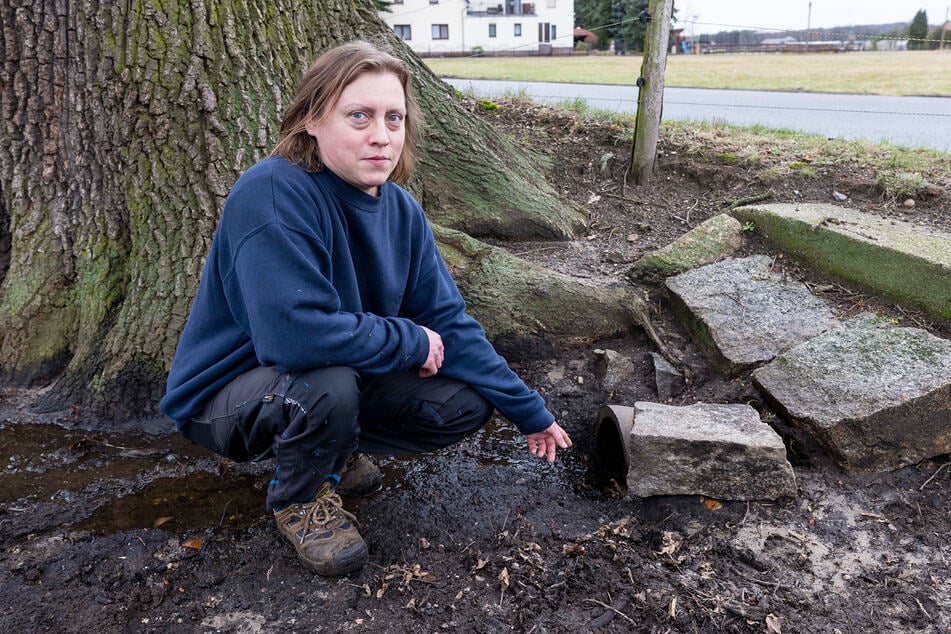 Landwirtin Susann Klonz (40) zeigt die Entwässerungsrohre, die mit ölverschmierten Lappen verstopft wurden.