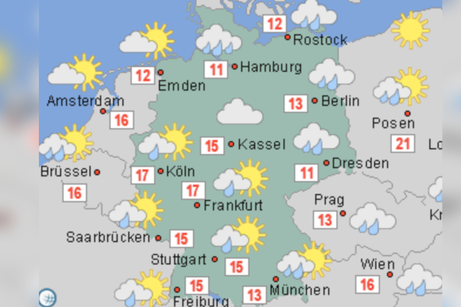 Die Karte zeigt: Die Temperaturen sinken am Donnerstag vor allem im Osten, Norden und Süden. Zudem wird es vor allem regnerisch.