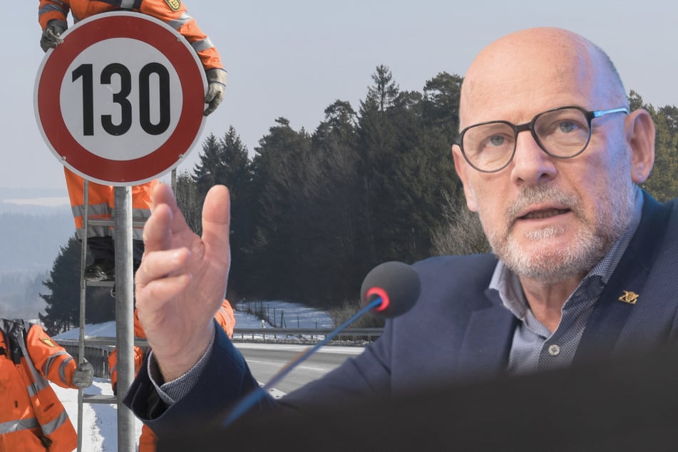 Baden-Württembergs Verkehrsminister Winfried Hermann (69, Grüne) sieht in dem Scheitern von Tempo 130 auf Autobahnen den "Einstiegspreis" der FDP bei den Sondierungsgesprächen. (Fotomontage)