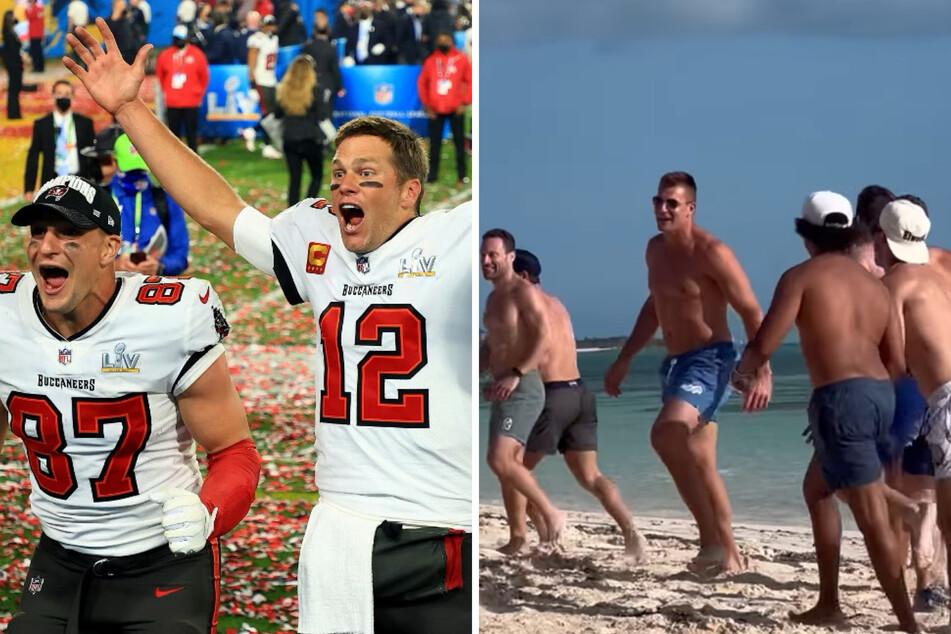 Super Bowl champions Tom Brady (c) and Rob Gronkowski (l) showed off their ball skills in a Top Gun-inspired game of football.