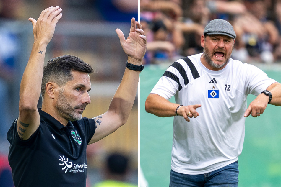 96-Coach Stefan Leitl (46, l.) und HSV-Trainer Steffen Baumgart (52) freuen sich auf eine intensive Partie.