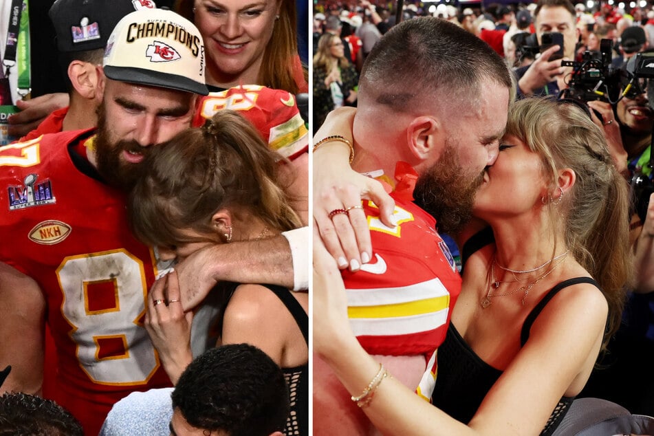 Taylor Swift and Travis Kelce share a kiss as Love Story plays at Super Bowl party