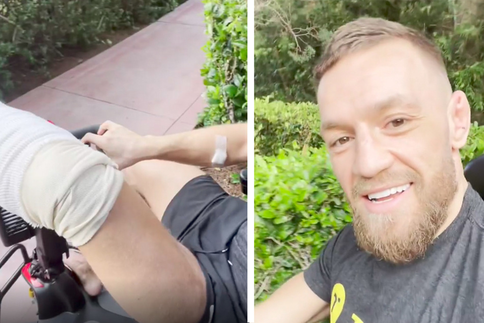 Conor McGregor strolled down the sidewalk via mobility scooter, flaunting his cast post-surgery.