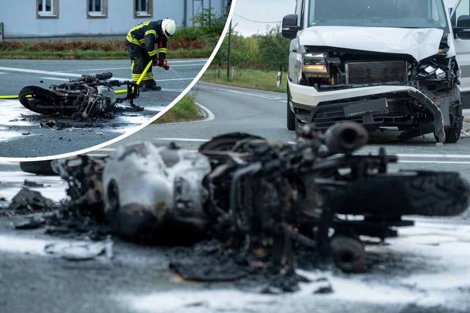 Kawasaki geht nach Unfall in Flammen auf: Motorradfahrer schwer verletzt in Klinik geflogen