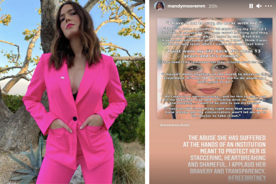 Mandy Moore (l) released a statement on her Insatgram Story (r) on Wednesday about her one time rival's court hearing.
