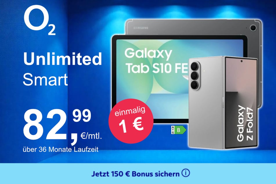 Das Samsung Galaxy Z Fold7 + Tab S10 FE im o2 Mobile Unlimited Smart für einmalig 1 Euro.