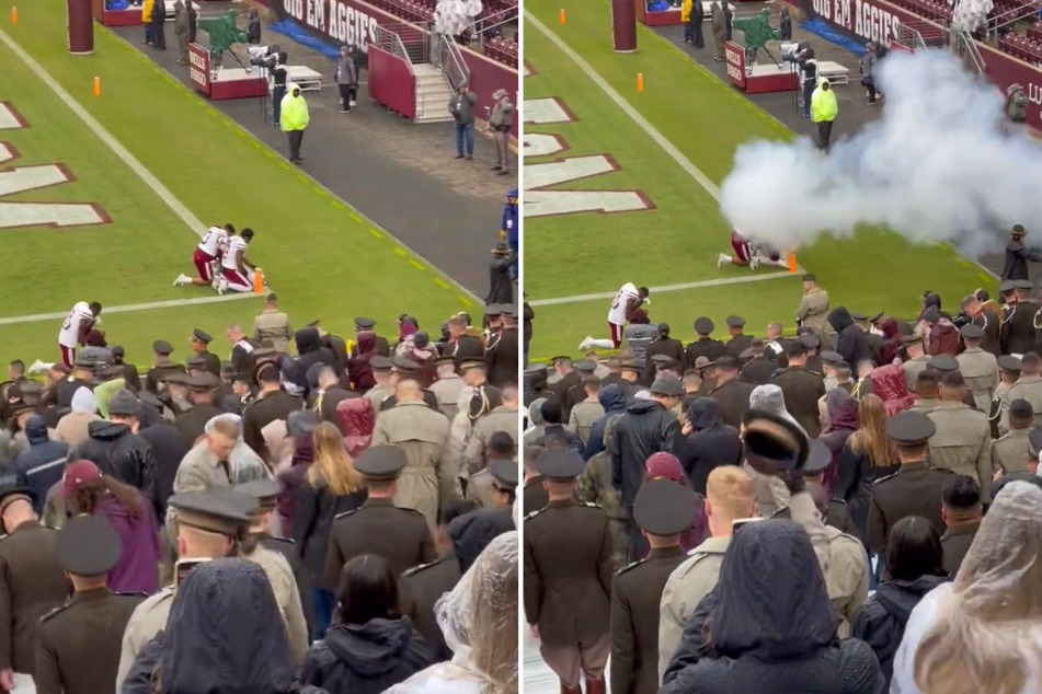 UMass linebacker Jalen Stewart and a fellow teammate were hit with cannon smoke ahead of their matchup against Texas A&amp;M.