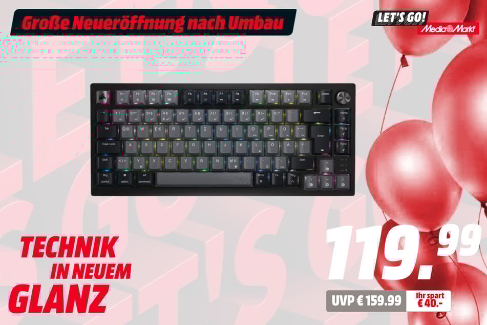 Corsair-Gaming-Tastatur K65 Plus Wireless für 199,99 statt 159,99 Euro.