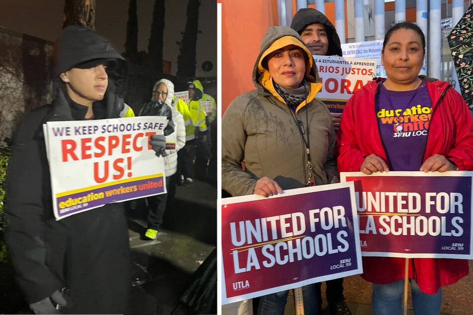 Los Angeles school employees took the streets on Tuesday as part of a three-day strike for better pay.