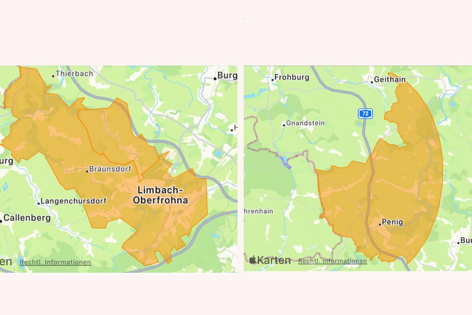 Von der Warnung bei NINA ist ein großes Gebiet links und rechts der A72 betroffen.