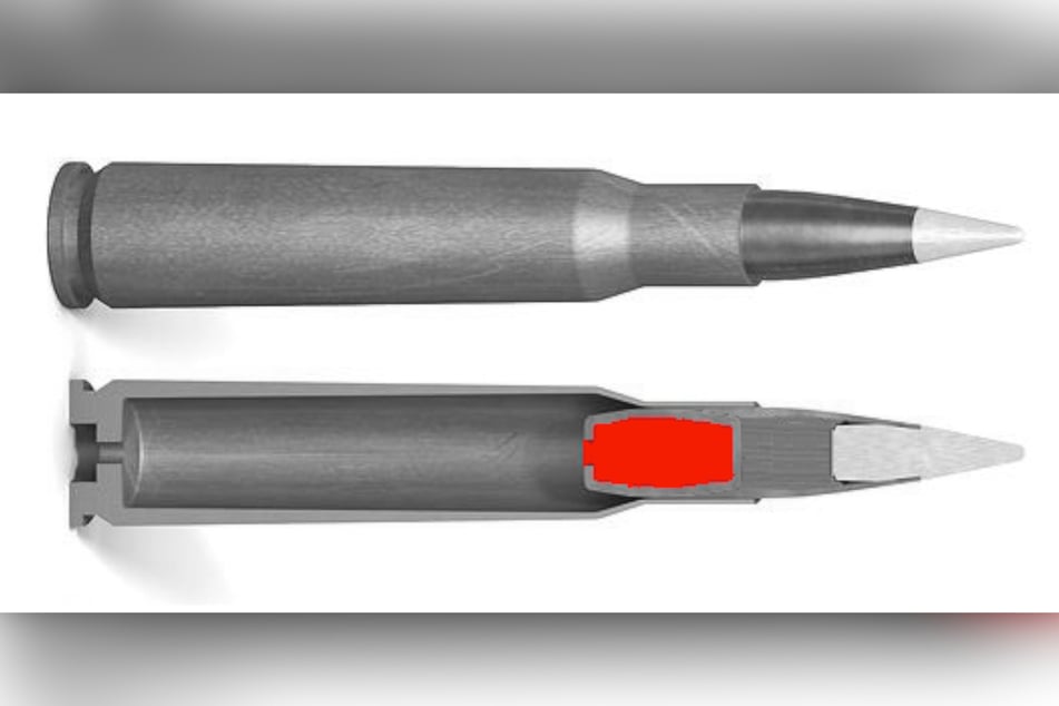 Querschnitt einer Patrone mit Leuchtspurmunition.