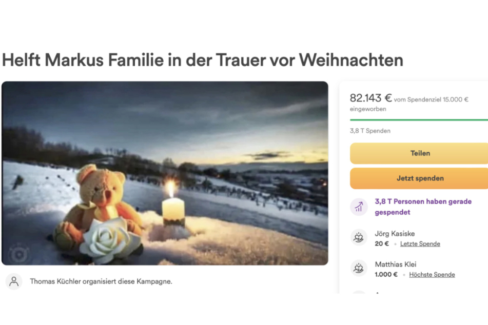 Die Spendenseite für Markus' Familie hat schon mehr als 82.000 Euro eingebracht.