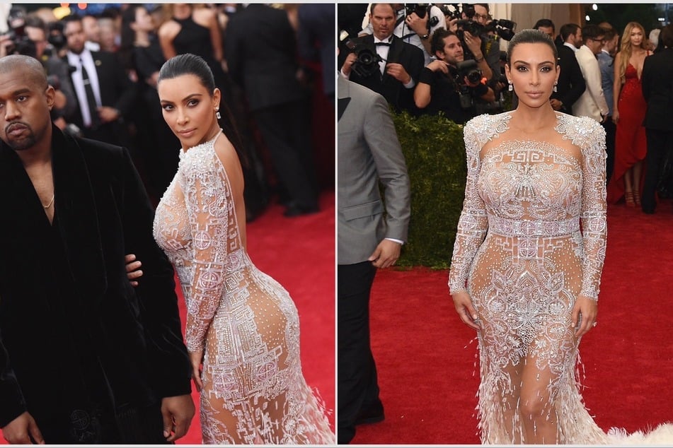 Kim Kardashian wore a breathtaking Roberto Cavalli gown at the Met Gala in 2015, complete with crystals and feathered detailing. She walked the red carpet with Kanye West (l.).