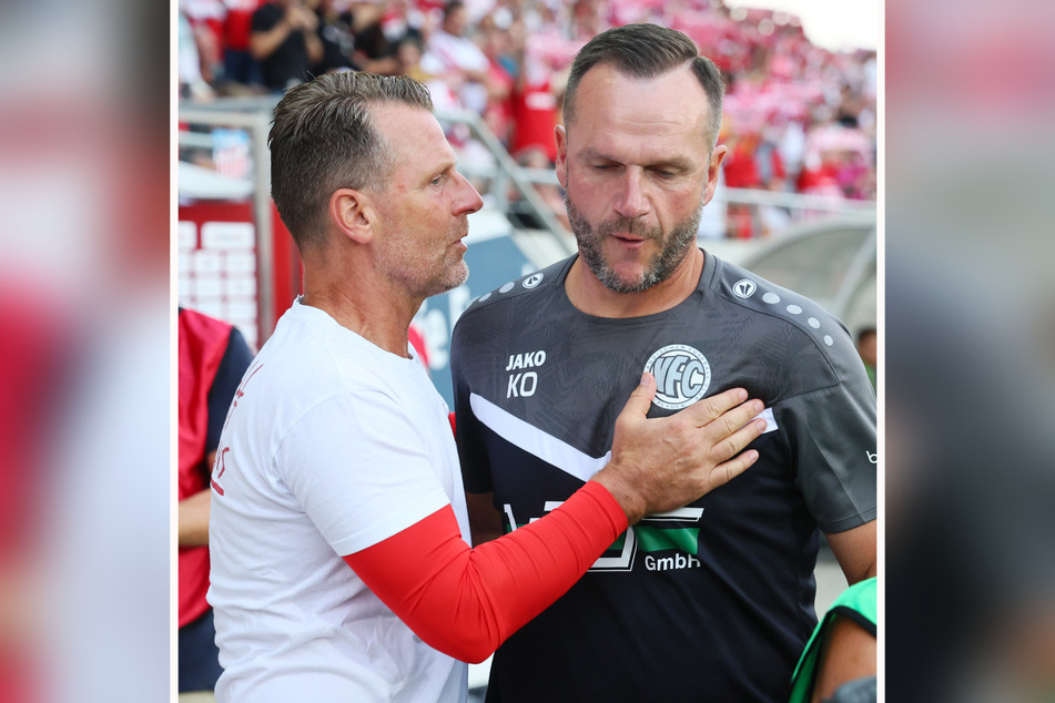 Trost vom Sieger-Trainer: Zwickaus Rico Schmitt (55, l.) mit VFC-Coach Karsten Oswald (49).