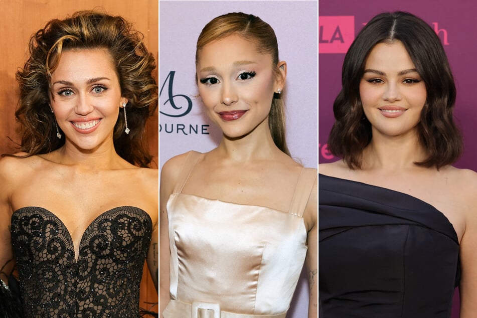 (From l. to r.) Former teen queens Miley Cyrus, Ariana Grande, and Selena Gomez are all competing at the 2025 Golden Globe Awards, and they couldn't be happier!