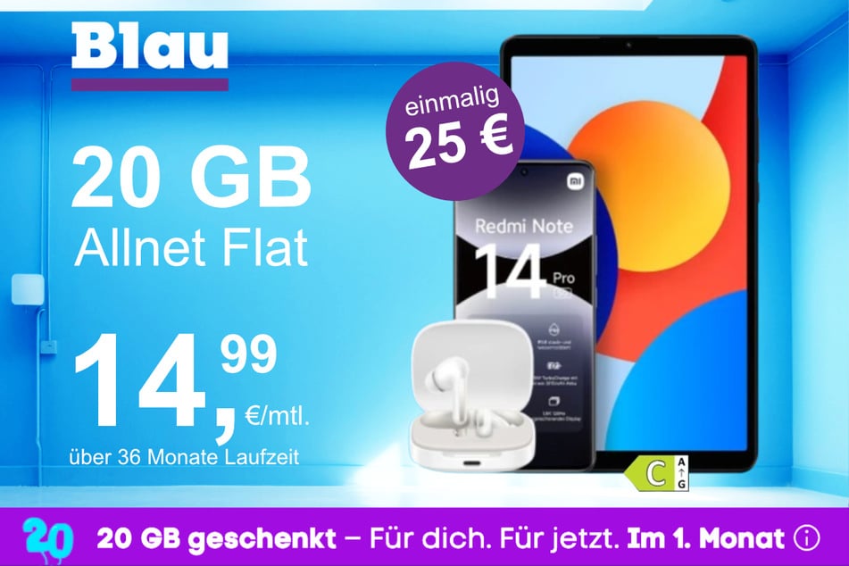 Das Xiaomi Redmi Note 14 Pro + Pad SE + Buds 6 im Blau Allnet M für einmalig 25 Euro.