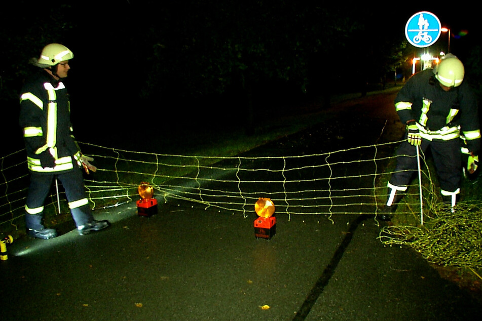 Die Feuerwehrleute bereiten die "Evakuierung" der Schafherde vor.