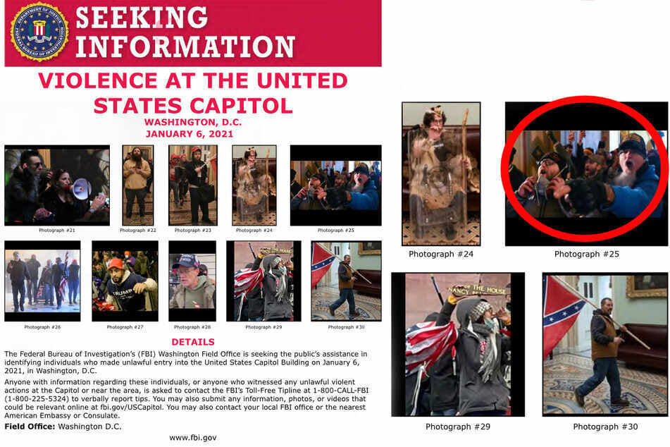 The US Federal Bureau of Investigation is using this poster to search for the violent criminals who stormed the Capitol on January 6. Jon Schaffer is clearly visible in the upper righthand corner.