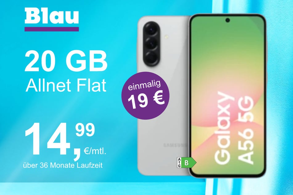 Das Samsung Galaxy A56 5G im Blau Allnet M für einmalig 19 Euro.