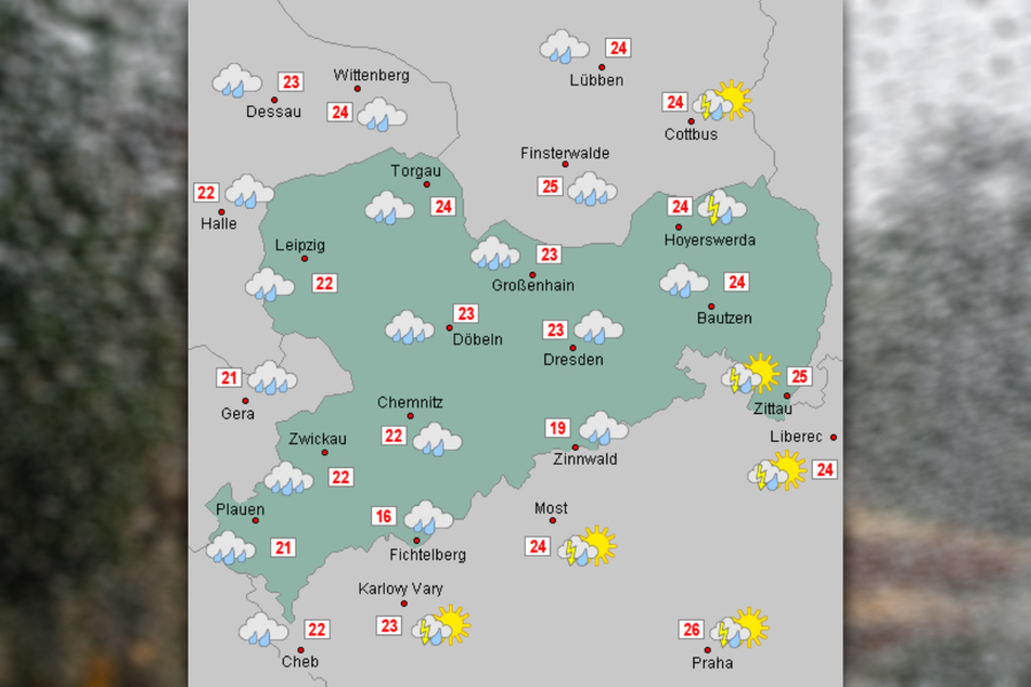 Die Wetterkarte zeigt: Auch am Samstag wird es in ganz Sachsen regnen.