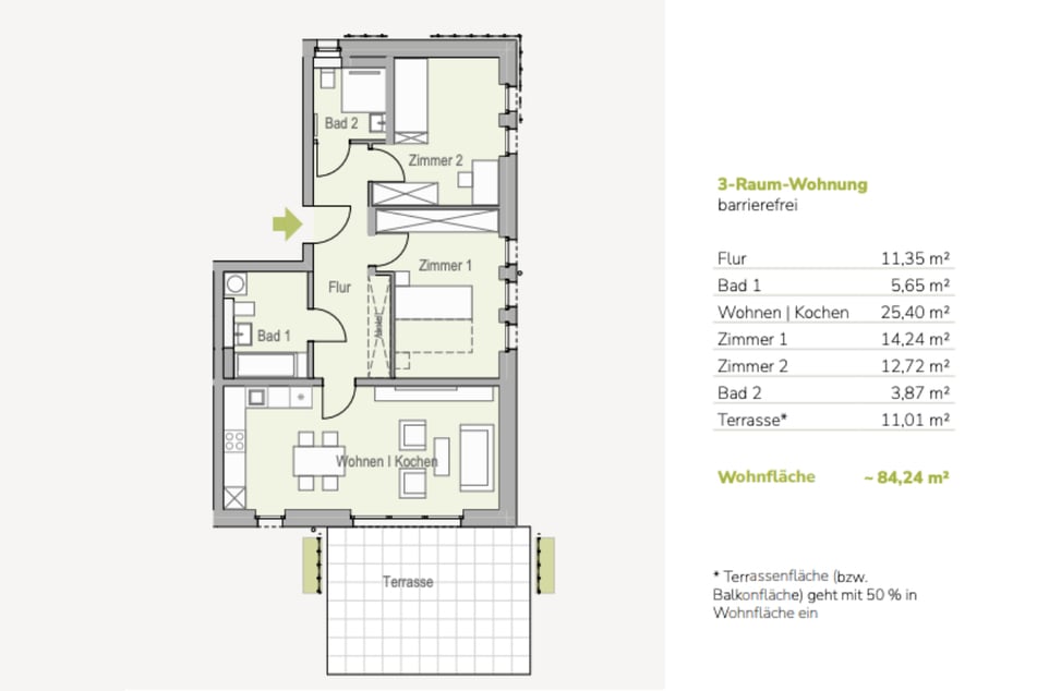 Mustergrundriss einer attraktiven 3-Raumwohnung im Erdgeschoss