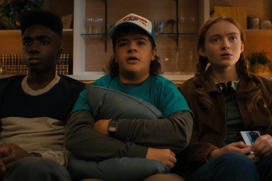 (From l to r.) Caleb McLaughlin, Gaten Matarazzo, and Sadie Sink pictured in Stranger Things season four.