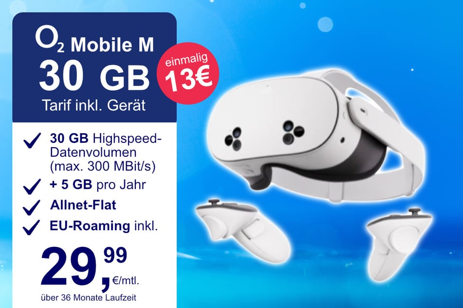 Die Meta Quest 3s im o2 Mobile M inkl. 30 GB+ für einmalig nur 13 Euro.