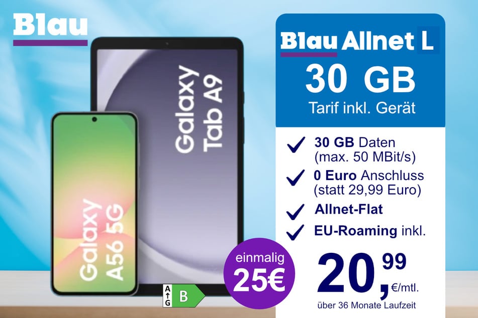 Das Samsung Galaxy A56 + Tab A9 im Blau Allnet L für einmalig 25 Euro.