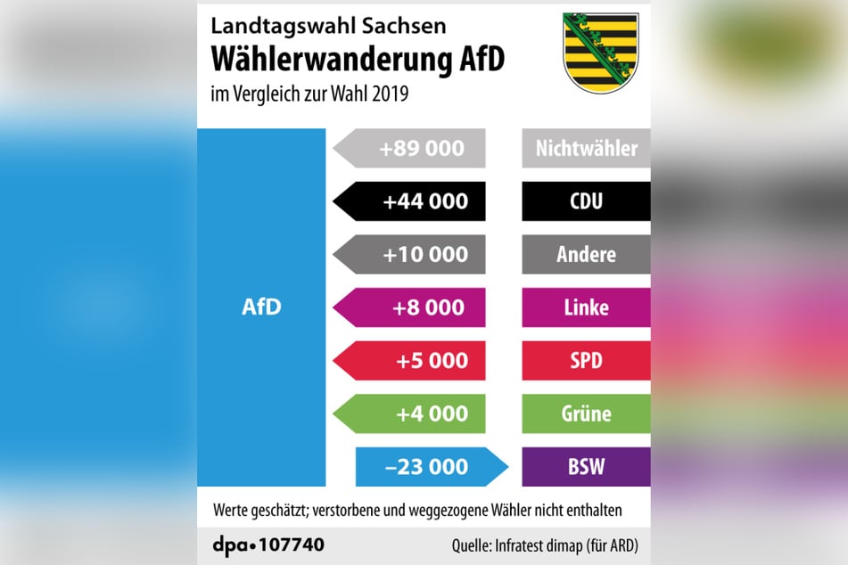 Sparsam: Die AfD hat nur Stimmen ans BSW abgegeben, ansonsten bei allen anderen Parteien Stimmen "gewildert".