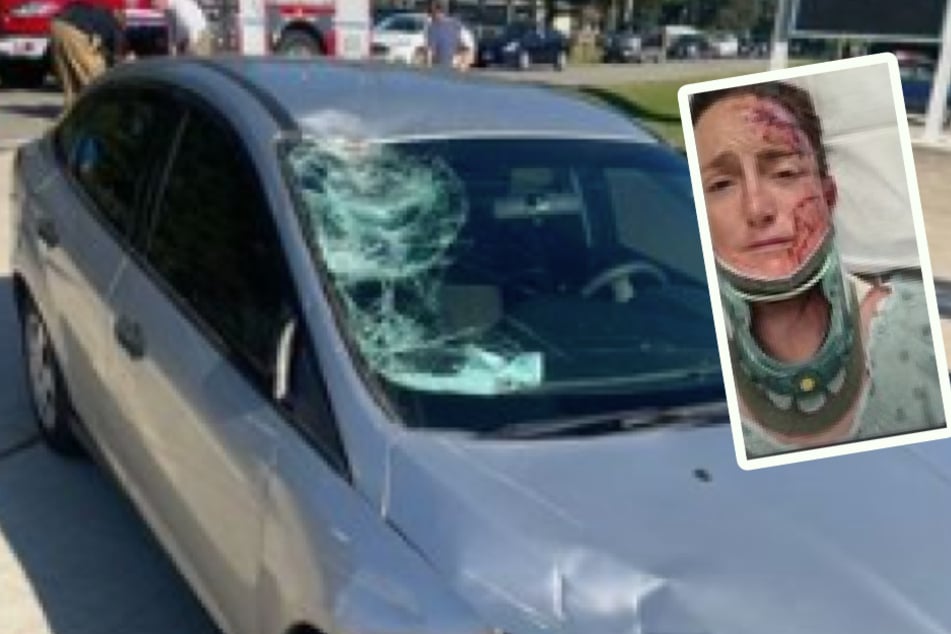 Das Unfallauto ist heftig zerbeult, ein Foto von Matthews aus dem Krankenhaus zeigt ihre schlimmen Verletzungen.