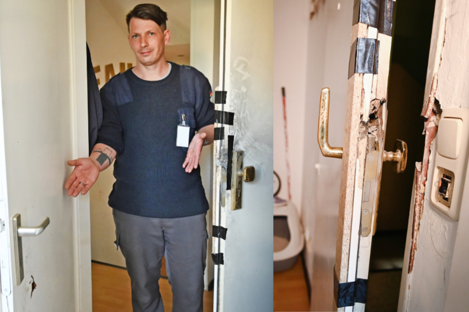 Die Eingangtür (r) zur Wohnung von Peter Hardes ist zerstört.