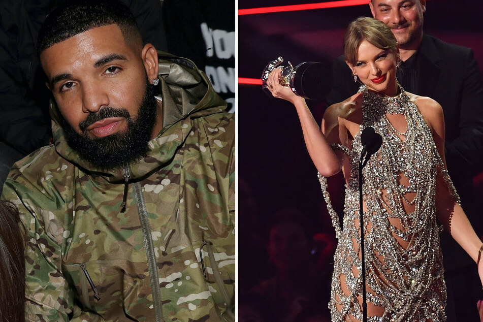 Drake (l.) threw shade at Taylor Swift for her continued dominance of the Billboard Hot 100.