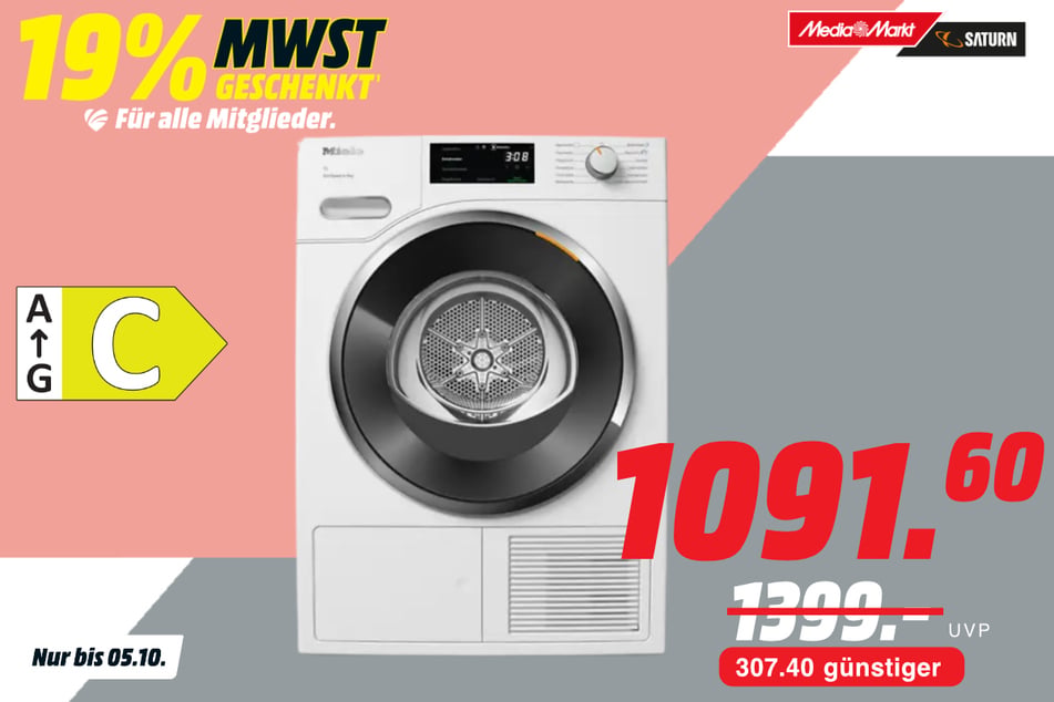 Miele-Wärmepumpentrockner TWH780WP Speed T1 White Edition für 1.091,60 statt 1.399 Euro.