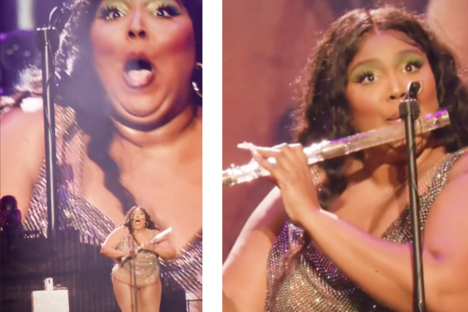 Lizzo looks thrilled to be playing the special flute onstage.