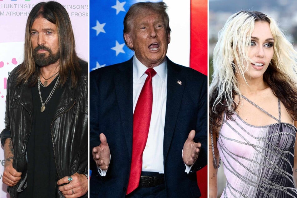 Donald Trump (c.) slammed Miley Cyrus (r.) while simultaneously praising her estranged father Billy Ray Cyrus (l.) during a speech in Nashville on Saturday.