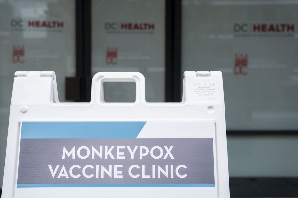 A sign for the monkeypox vaccine stands outside a clinic in Washington DC.