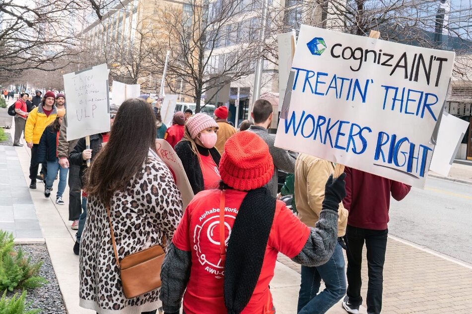 Subcontracted YouTube Music workers employed by Alphabet’s outsourcing partner Cognizant strike outside Google's office in Austin, Texas.