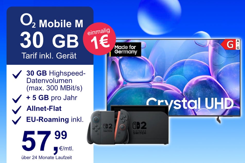 Der 50-Zoll Samsung Crystal UHD-TV mit gratis Nintendo Switch 2 im o2 Mobile M für einmalig 1 Euro.