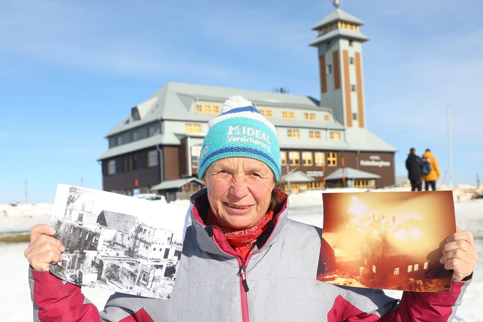 Brigitte Roscher (71) zeigt historische Fotos. Ihr Vater Horst Gäbler, seinerzeit Leiter der Berg-Wetterstation, dokumentierte damals den Fichtelberghaus-Brand.