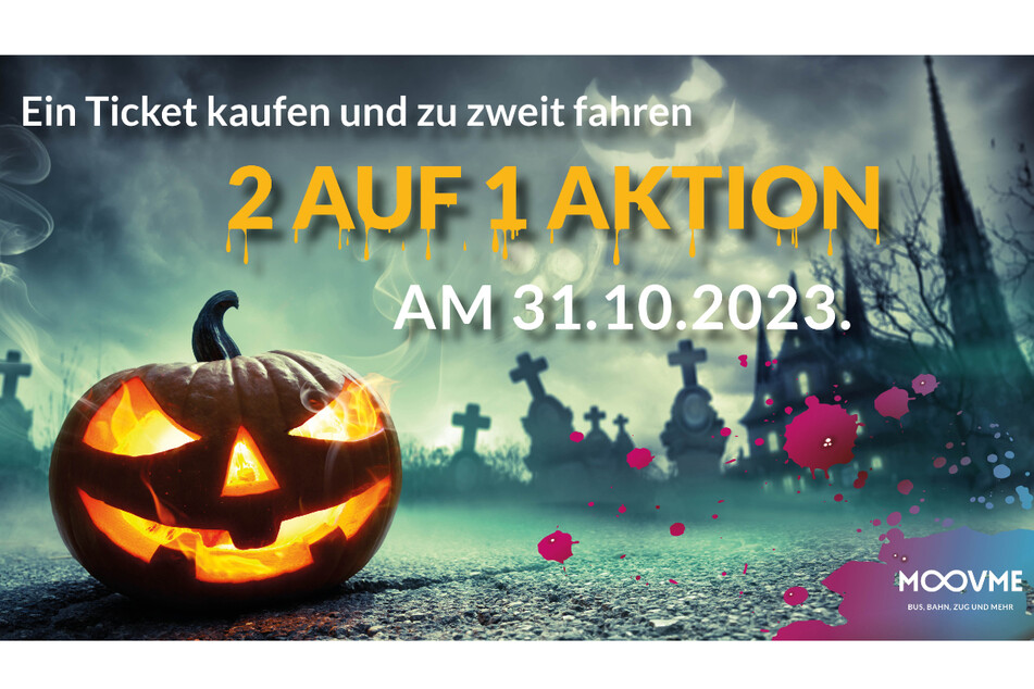 Fahrt im gesamten VMS-Gebiet an Halloween zu zweit mit einem Ticket zur 2 auf 1-Aktion.