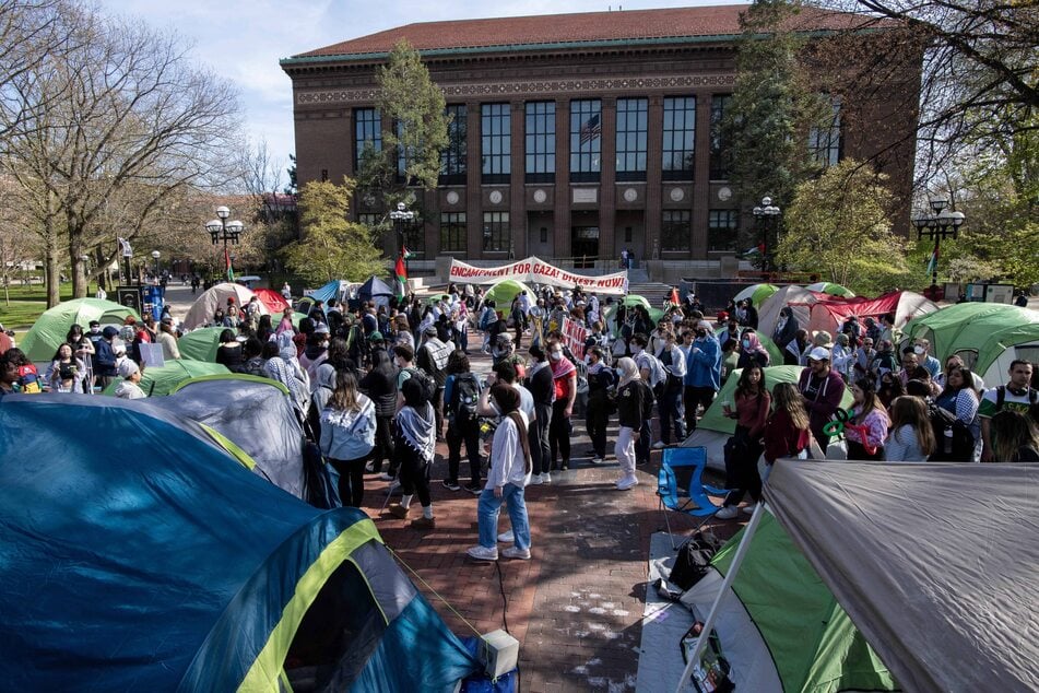 Protesters for Palestinian freedom gather on the Diag of the University of Michigan campus in Ann Arbor on April 22, 2024.