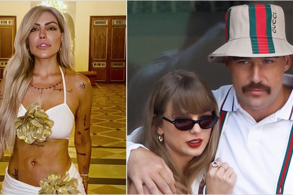 Taylor Swift (c) and Travis Kelce (r) had an awkward moment while after the iHeart Music Awards when Liziane Gutierrez (l) was seen launching herself at their car.