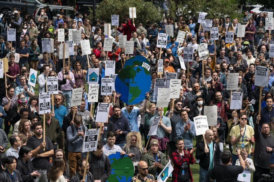 Amazon workers in Seattle, Washington, walk out over a return to office order on May 31, 2023.